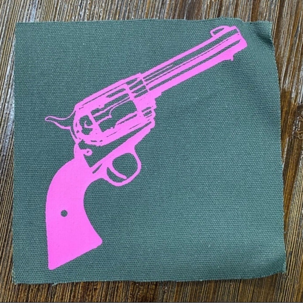 Pop Art Style Green and Pink Revolver Gun Canvas Sew-On Patch - Y2K/Punk/Emo NWT